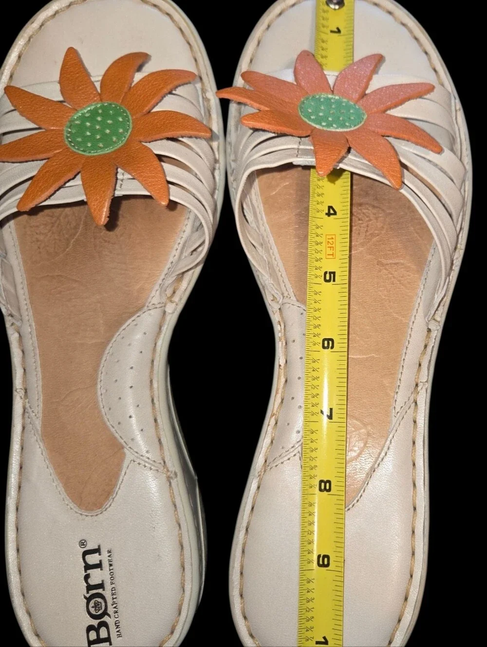 Y2k Born Sandals Cream Leather Wedge Orange Green Flower Applique Whimsical  7.5